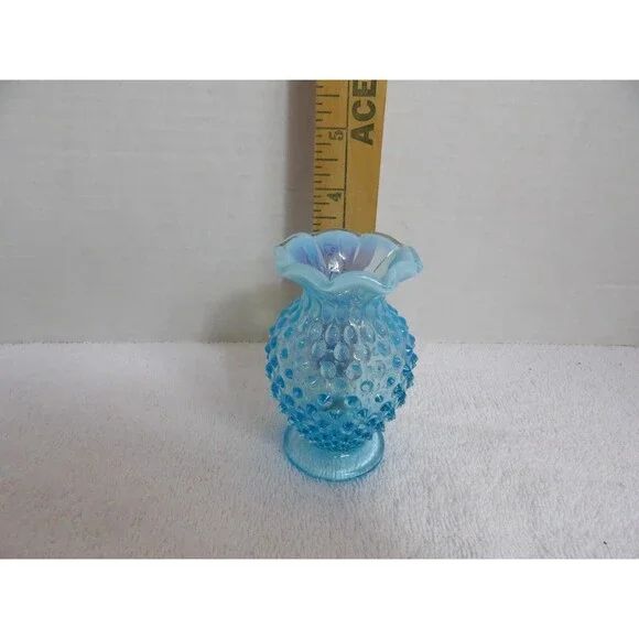 Fenton Vase Hobnail Aqua Blue Opalescent Glass Bud Small 3.5” Ruffle Edge Set 2 - Picture 14 of 16